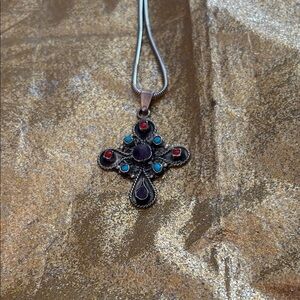 Elegant Silver Pendant Necklace with Red and Blue Accents. Sterling silver chain